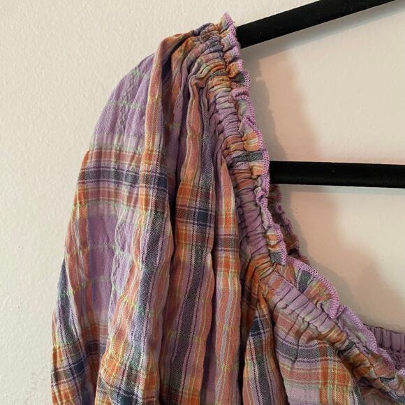Free People Purple Plaid Puff Sleeve Babydoll Blouse Cropped Women's size Large - Picture 4 of 10